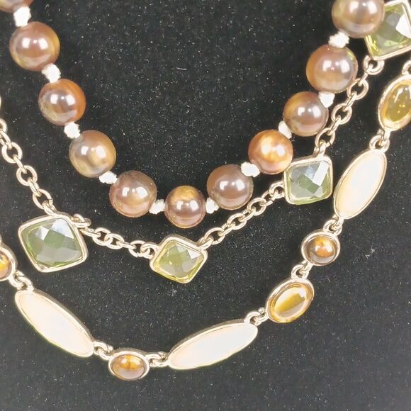 Women's Multi-Strand Necklace in Brown Gold And Green Glass  Resin Boho Chic - Picture 5 of 8